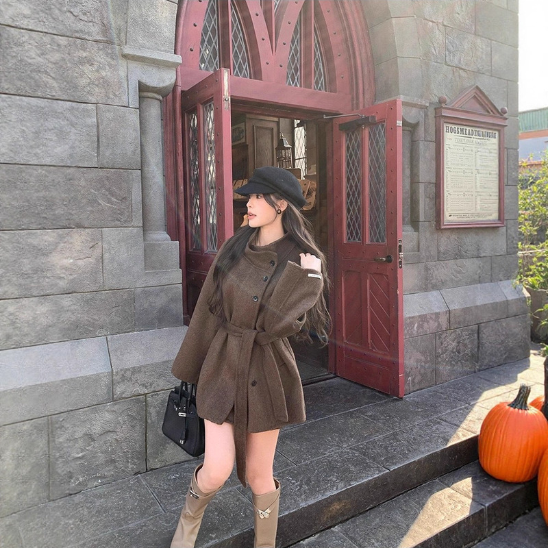 Korean Style Stand-Up Collar Short Double-Sided Wool Outwear for Women 2025 Autumn and Winter New Style Slim Woolen Outwear for Small People