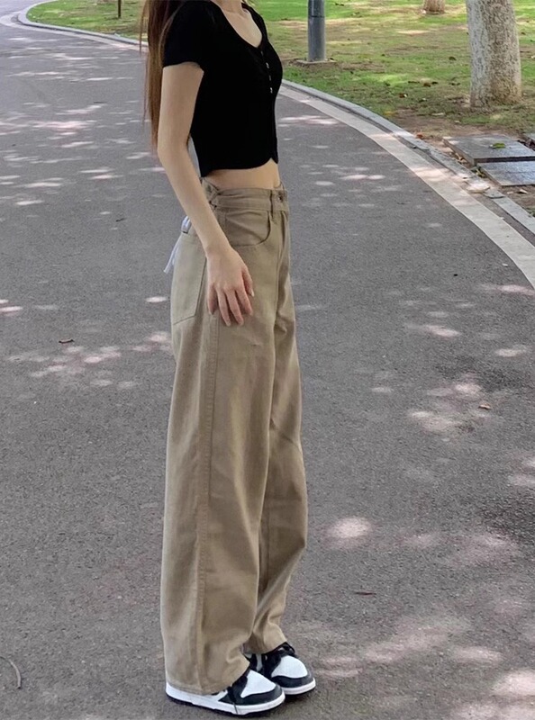 卡其色阔腿牛仔裤女夏高腰薄款显瘦宽松直筒阔腿裤女小个子垂感|undefined