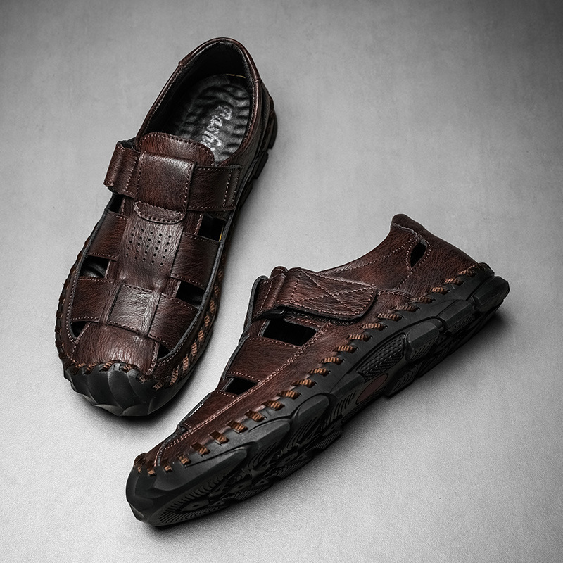 Cross-border Large-size Sandals 2024 Summer New Casual Closed-toe Genuine Leather Perforated Slip-on Men's Beach Shoes_vogvips.com