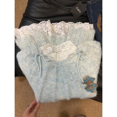 韩版套头圆领蝴蝶结蓝色针织衫女春秋新款软糯奶fufu洋气减龄上衣
