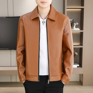 Autumn and Winter New Men's Stand Collar Pvc Leather Jacket Simple Solid Color Single Jacket Business Trendy Men's Coat