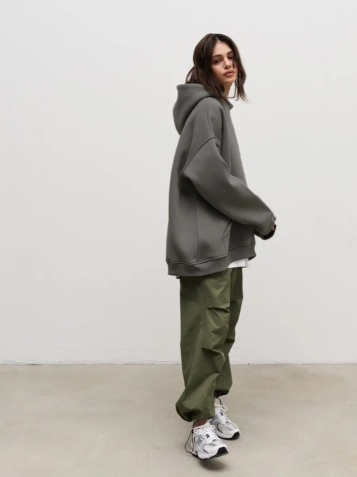 Áo hoodie nỉ lông dáng rộng có mũ và túi, tay dài, dáng unisex — Màu cà phê, Màu hồng, Màu xám, Màu đen chi tiết 68