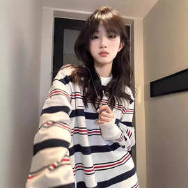 8651#  纯棉 200克 后包领 条纹女圆领长袖
