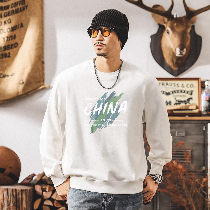 Nuevo pesado camiseta de cuello redondo otoño invierno primavera y otoño estilo chino masculino letras camiseta de manga larga suelta de moda
