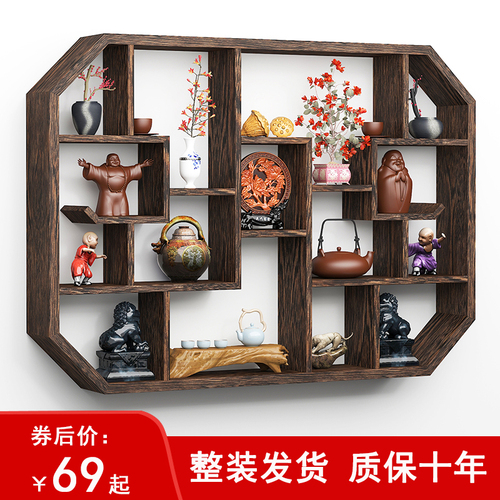 Wholesale Antique Display Shelf in Solid Wood, New Chinese Style, Wall-Mounted Tea Pot Display Rack, Minimalist & Modern Multi-Treasure Cabinet
