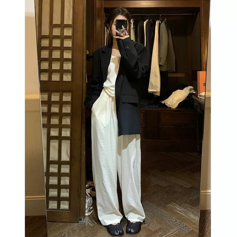 褶皱休闲阔腿裤2025早春韩版肌理垂感高腰显瘦宽松直筒拖地长裤女