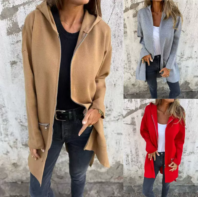 2024欧美亚马逊速卖通独立站 秋冬纯色休闲拉链连帽外套女