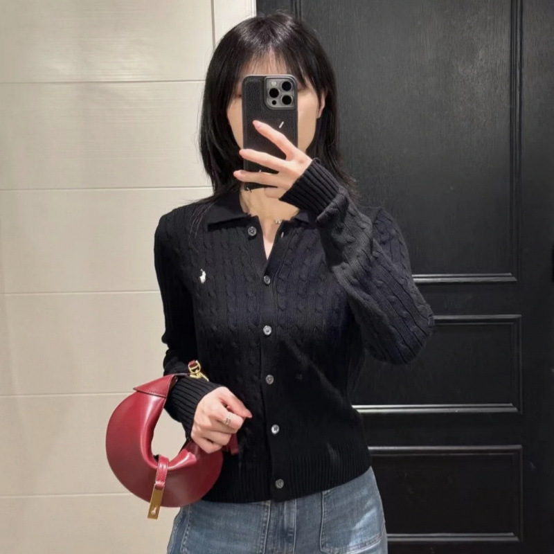 RL拉夫劳伦小标战马翻领polo领长袖麻花开衫毛衣外套老钱风针织衫|undefined
