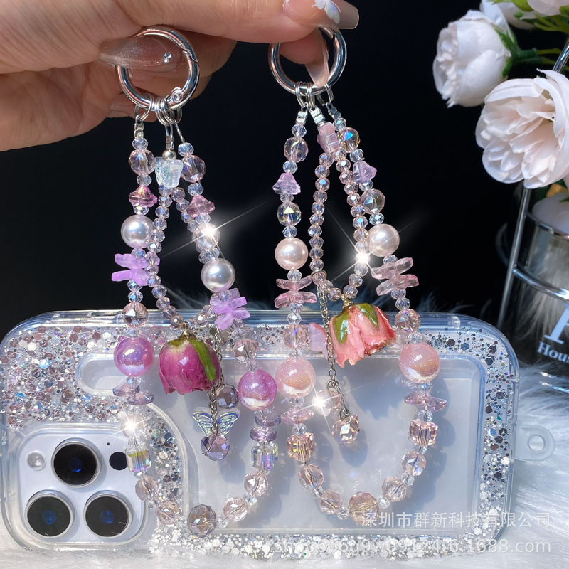 ガーリーピンクとパープルのUV接着剤ローズドライフラワー携帯電話吊りチェーンハイエンドクリスタルダブルチェーンバッグキーホルダーペンダント|undefined