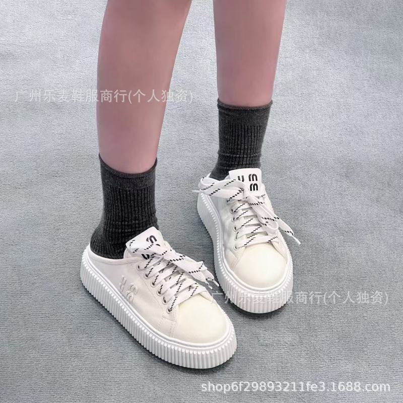 高品质~miu家新款厚底饼干帆布板鞋懒人一脚蹬休闲后空半拖小白鞋|undefined