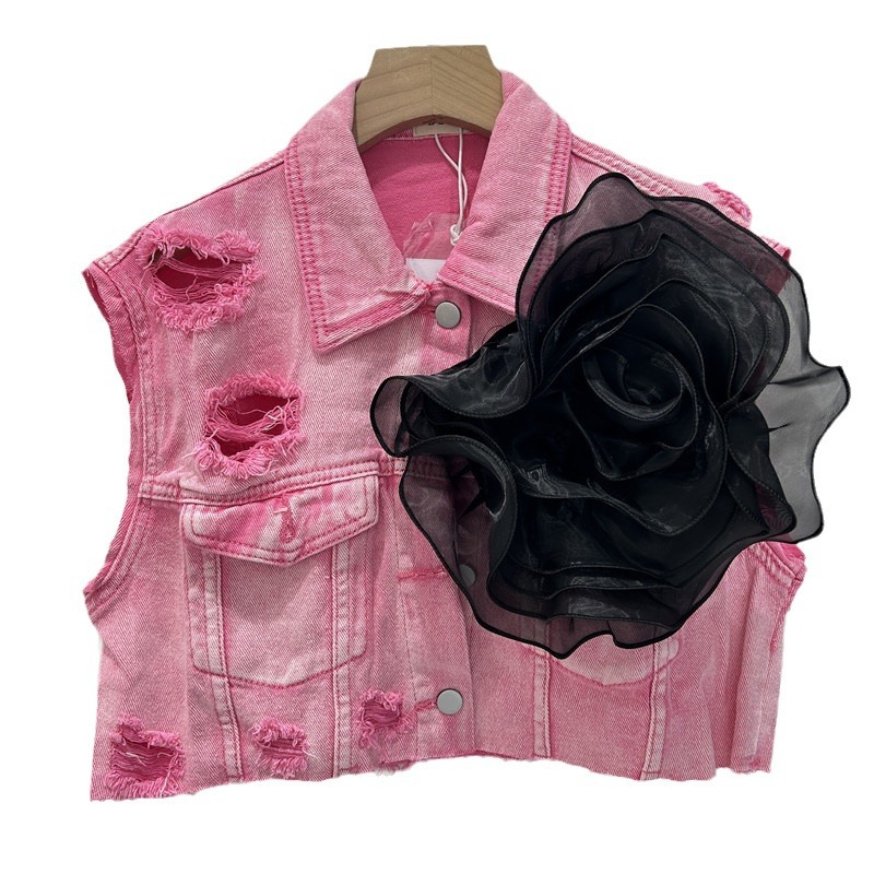 Personalidad europea agujero de bordes de lana chaqueta de vaquero chaqueta de mujer con flores tridimensionales 2024 nuevo clip de caballo corto image 5
