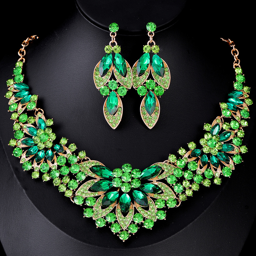 跨境欧美礼服饰品首饰套装 项链耳环两件套 彩色花朵新娘服装配饰