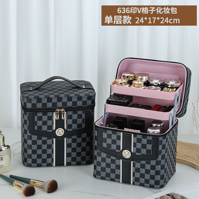 Caja de cosméticos a cuadros en forma de V transfronteriza, bolsa de almacenamiento para el cuidado de la piel portátil, caja de herramientas grande multifuncional portátil de alta gama para mujer