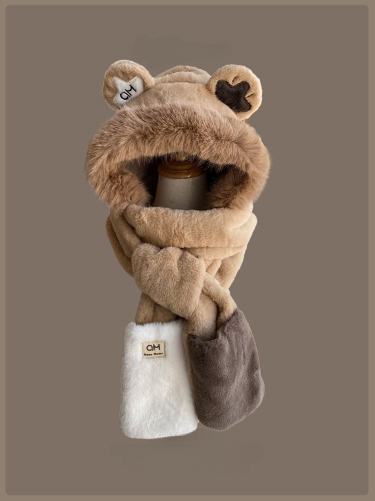 Añadir vello grueso lindos sombrero bufandas de oso en un conjunto de dos piezas para mujeres otoño y invierno nuevo buñuelo de peluche cálido con sombrero