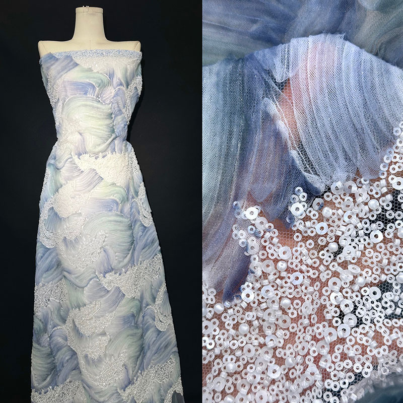 Tejido de vestido de boda ondas tridimensionales flor de sequilla vestido tela de moda rendimiento vestido de baile tela bordada