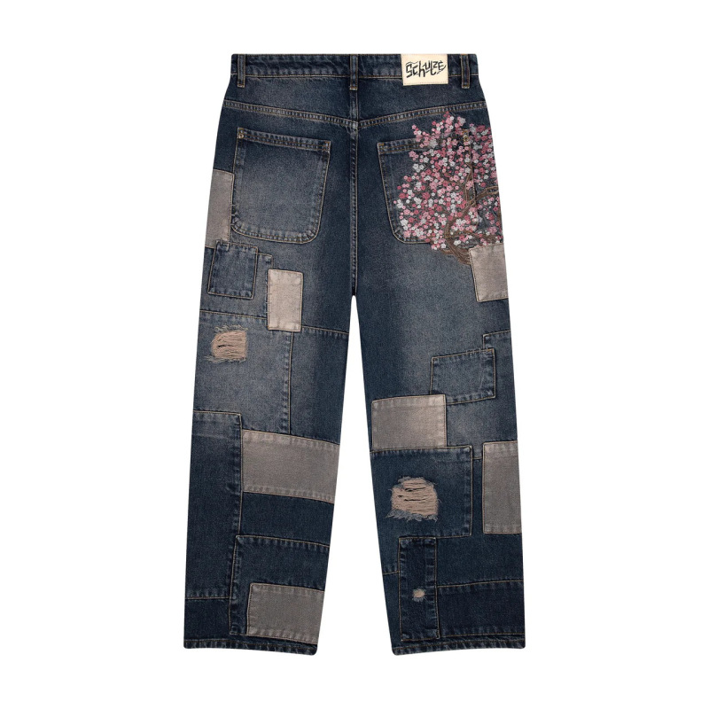 derschutze ヨーロッパとアメリカのレトロな梅の花の刺繍ストレートレッグパンツ、男性と女性用、多用途でパーソナライズされたストリートトレンディジーンズクロスボーダー|undefined