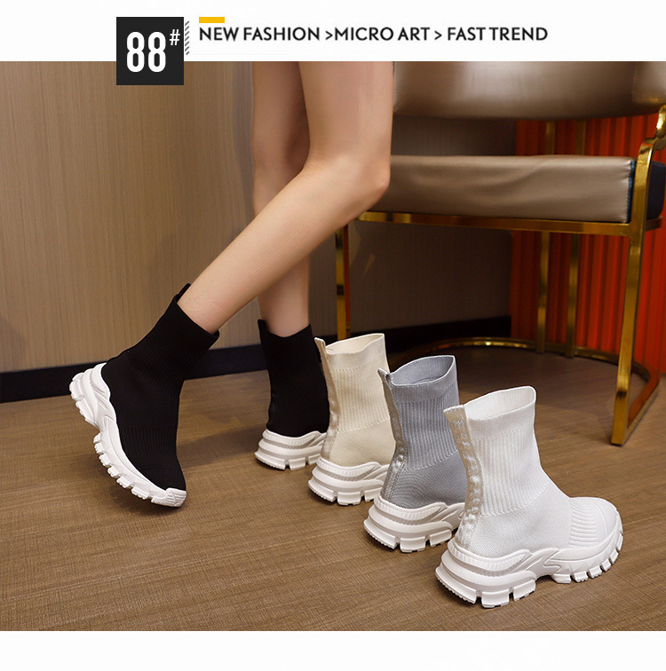 Spring New Fly Knitted Short Boots Thick Soled Versatile Stretch Socks Shoes Thick Soled Knitted Sports Casual Shoes Women's Boots_voghion.com