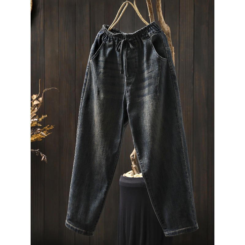 2025秋新款个性刺绣口袋牛仔裤女复古水洗做旧宽松显瘦哈伦裤长裤