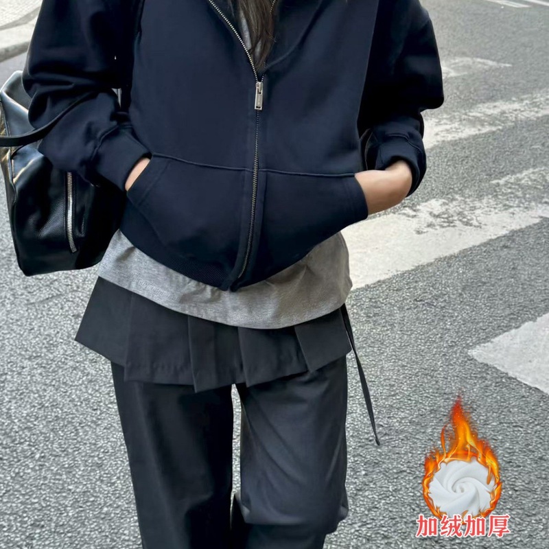 青岛即墨卫衣秋冬新款拉链抽褶连帽开衫慵懒风短款开衫上衣日韩风|undefined