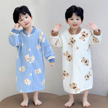 男孩睡袍秋冬珊瑚绒男童2025新款长款系扣浴衣冬季法兰绒儿童浴袍