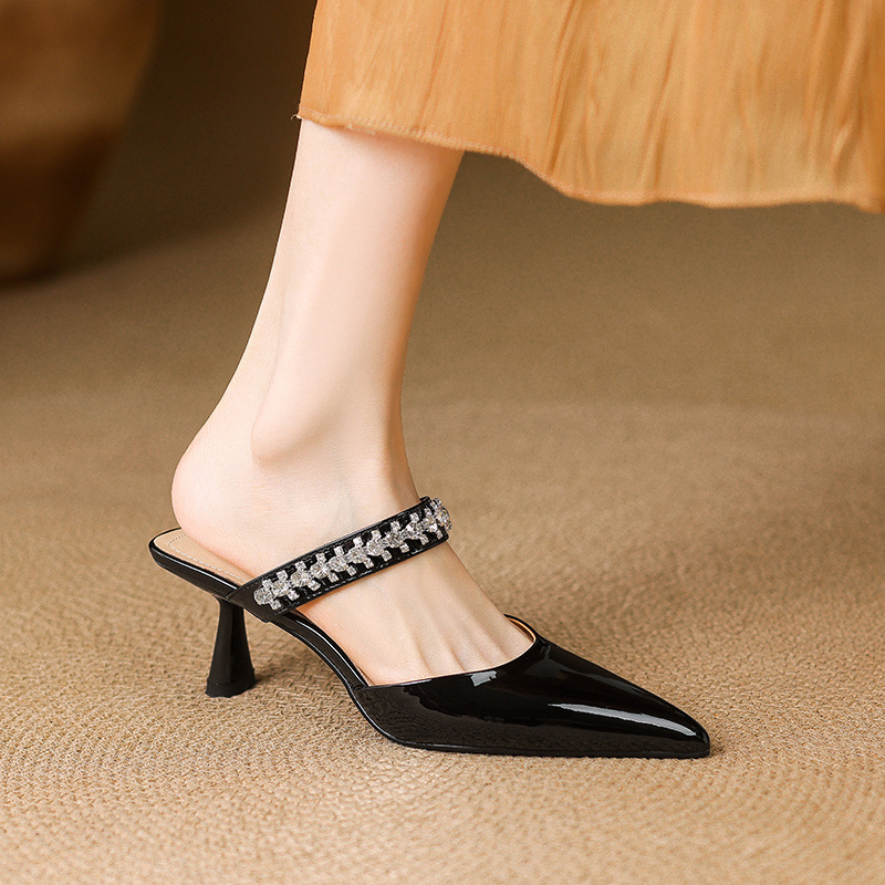 Giày sandal cao gót nữ mũi nhọn đính đá kiểu Pháp, gót nhọn 9 cm — đen