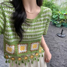 波西米亚复古流苏镂空设计感撞色针织衫短袖上衣女