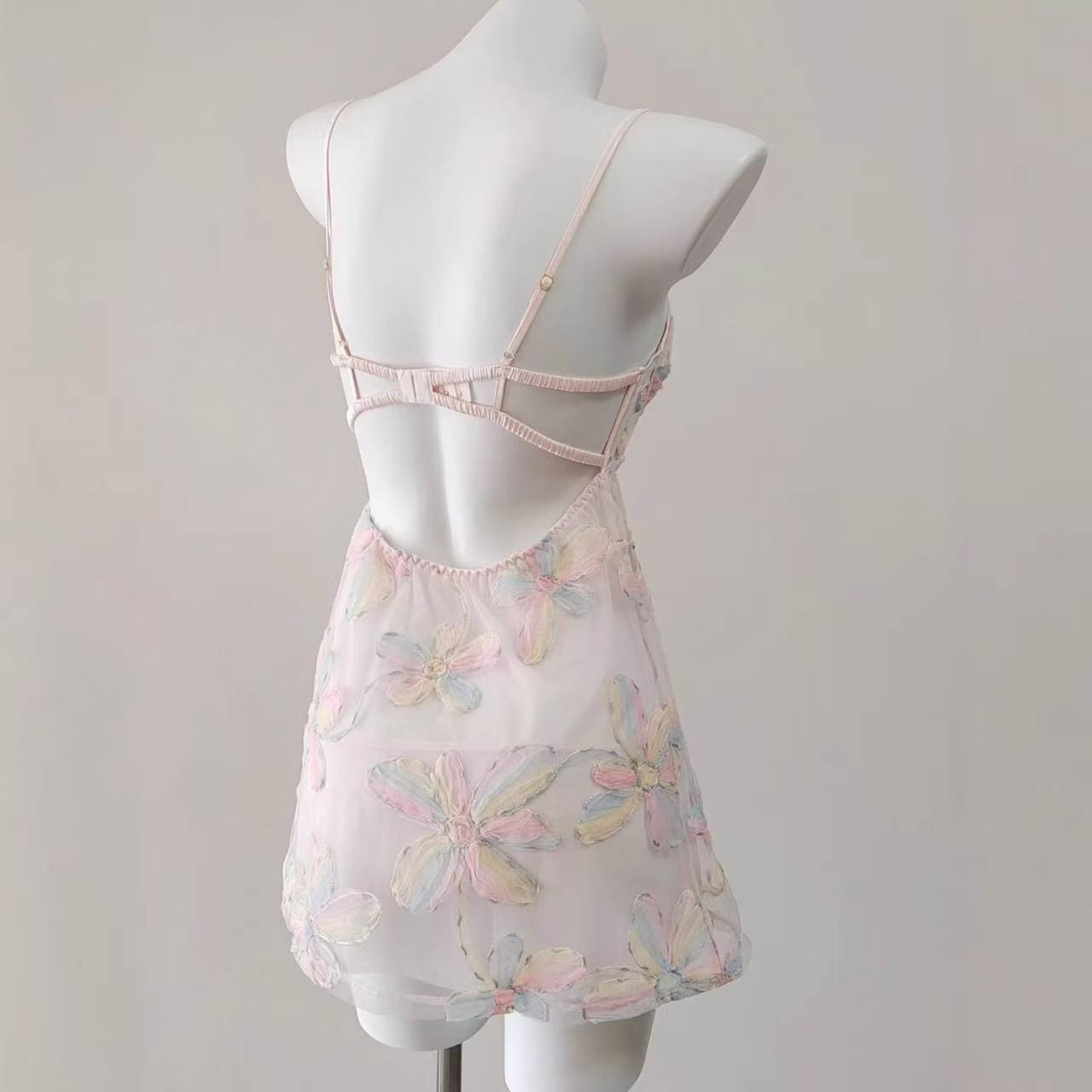 French-Style Lace Mesh Nightgown, Embossed Floral Blue Short Babydoll with Hollow-Out Detail — detail image 3