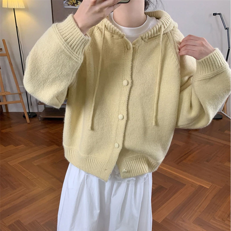 Shunenliangpin's New Korean Style Loose Soft Waxy Pure Color Sweater Female Student Design Hooded Knitted Cardigan Autumn and Winter