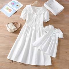 Fashionable white lace Peter Pan collar princess dress for girls, summer new dress for middle and big children, short-sleeved dress