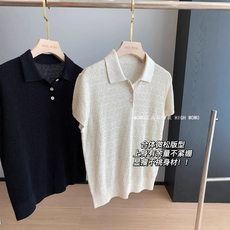 He+ Series! Counter Price 1500+ Cotton and Wool Blend Polo Collar Short-Sleeve Knit Sweater Simple Pullover Top for Women