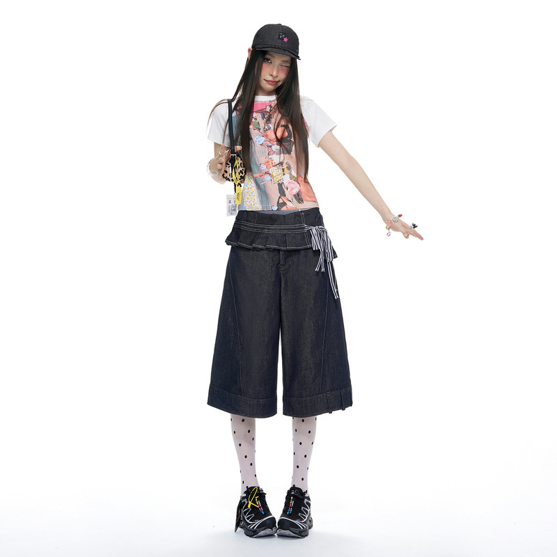 Childish Orange # Ruffled Waistband Wide-Leg Jeans for Women, Loose Fit, Slimming Design, Trendy and Versatile Straight-Leg Shorts.