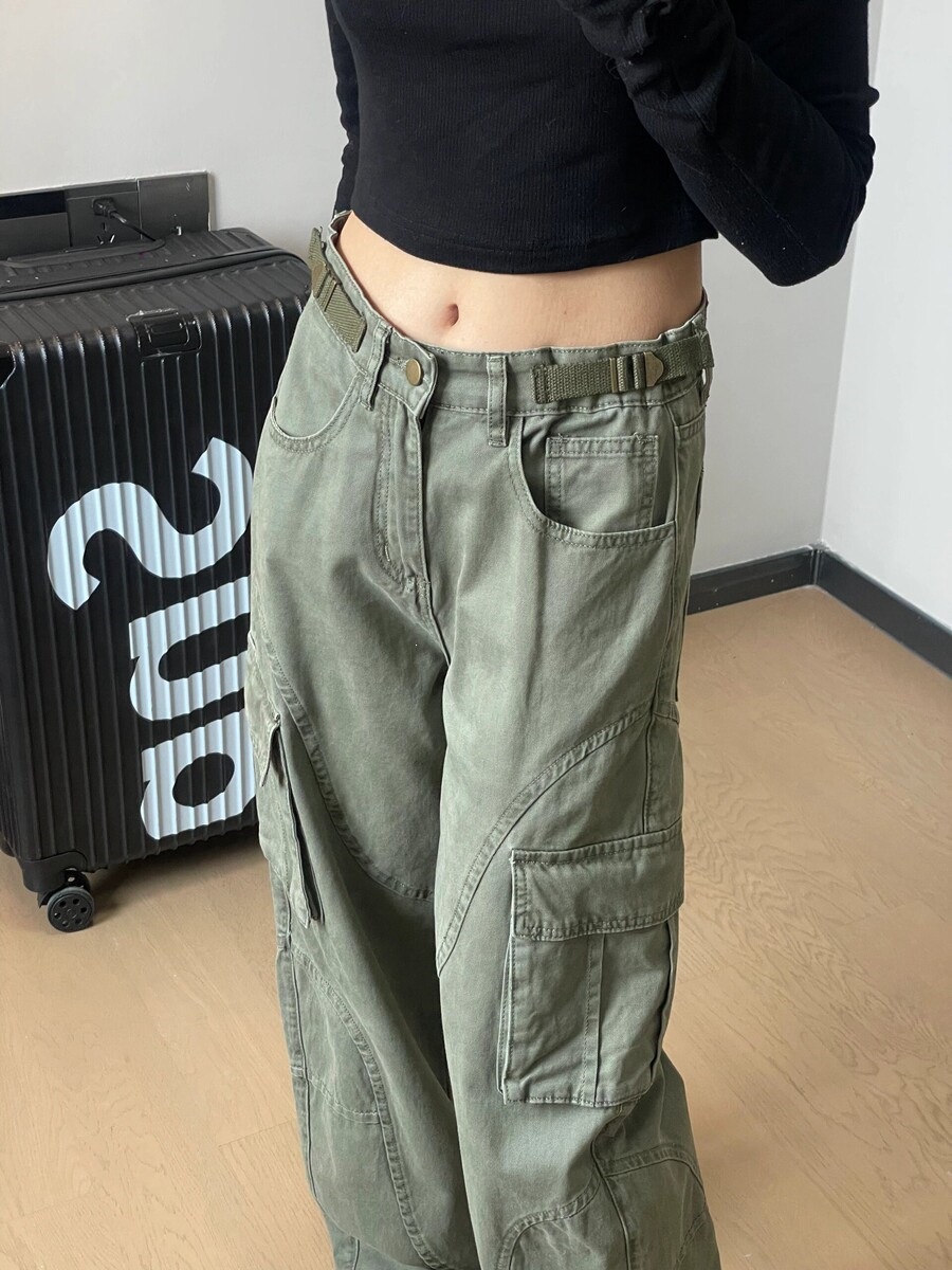 American-style high-street army green workwear jeans for women, new plus-size high-waisted loose-fit versatile straight-leg casual pants