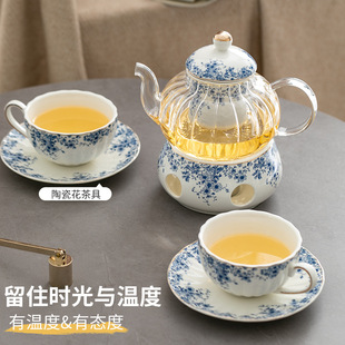 Ceramic vintage afternoon tea set suit small blue flower cup saucer coffee cup British candle heating flower teapot