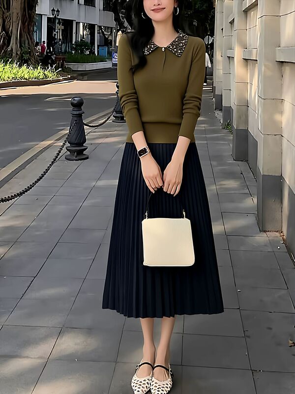 气质针织套装女款2025春季新款气质韩版显瘦开衫上衣半身裙两件套|undefined