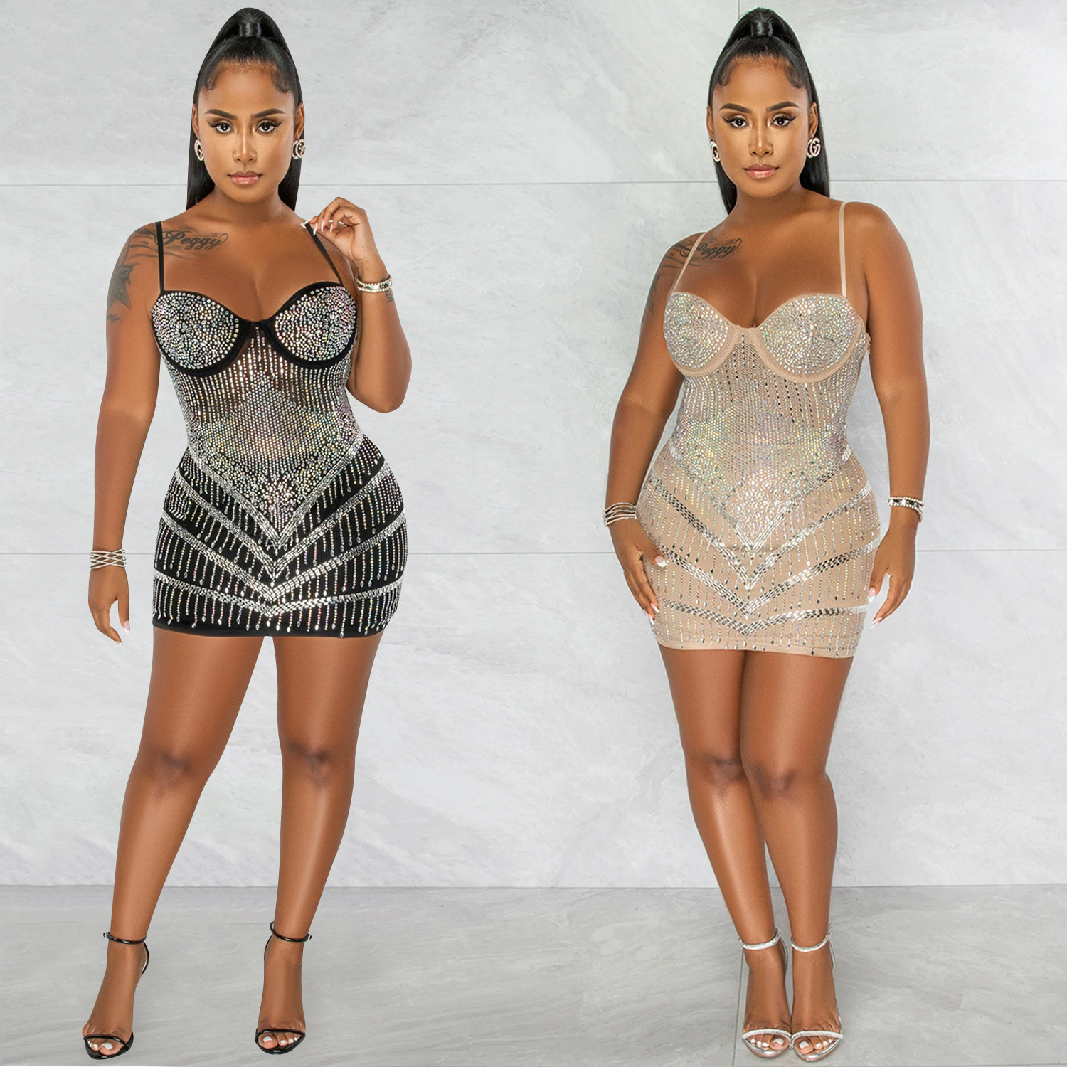 C5895 AliExpress Amazon Europa y América discoteca caliente rhinestone sexy Sling malla perspectiva pecho envuelto vestido MIDI vestido