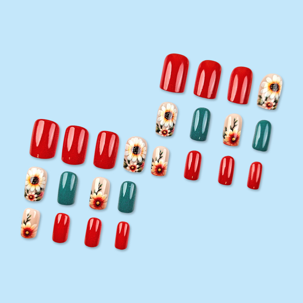 Papas de uñas de uñas de girasol simples Chicas calientes Parche de uñas rojo y azul Terminado al por mayor en Europa y América
