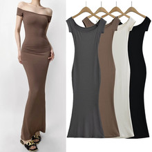 美式性感修身一字领露肩包臀长裙子女夏2024纯欲紧身显身材连衣裙