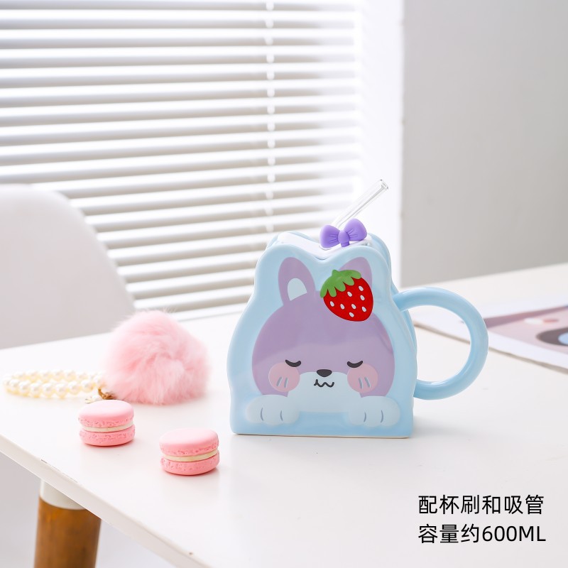 Taza de paja de cerámica creativa de dibujos animados lindo conejo taza Rosa chica corazón gran capacidad pareja taza de agua