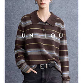 松弛老钱_时髦撞色条纹蓬松温暖羊绒羊毛POLO翻领长袖针织衫