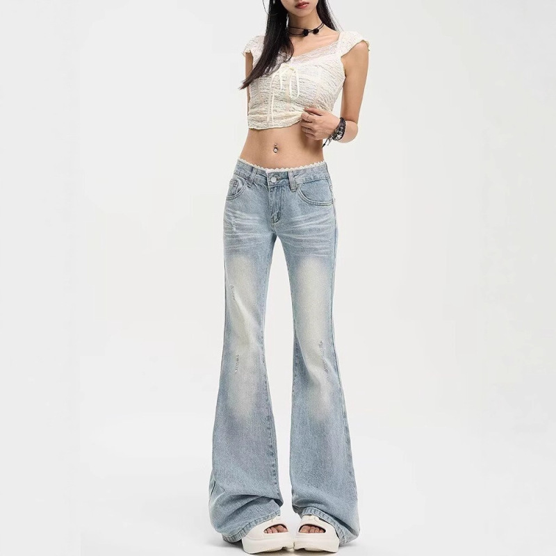 Washed Blue American Style Bootcut Pants for Women 2025 Autum New Lace Splicing Versatile Slimming Look Low-Waist Retro Jeans Washed Blue American Style Bootcut Pants for Women 2025 Autum New Lace Splicing Versatile Slimming Look Low-Waist Retro Jeans