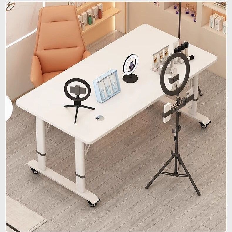 Modern influencer display stand for live streaming, double-seater gaming desk for streamers, movable and adjustable height computer desk, office desk Modern influencer display stand for live streaming, double-seater gaming desk for streamers, movable and adjustable height computer desk, office desk