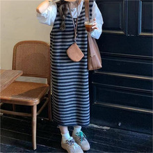洋气减龄长款外穿条纹针织连衣裙女秋冬季宽松背心马甲打底毛衣裙