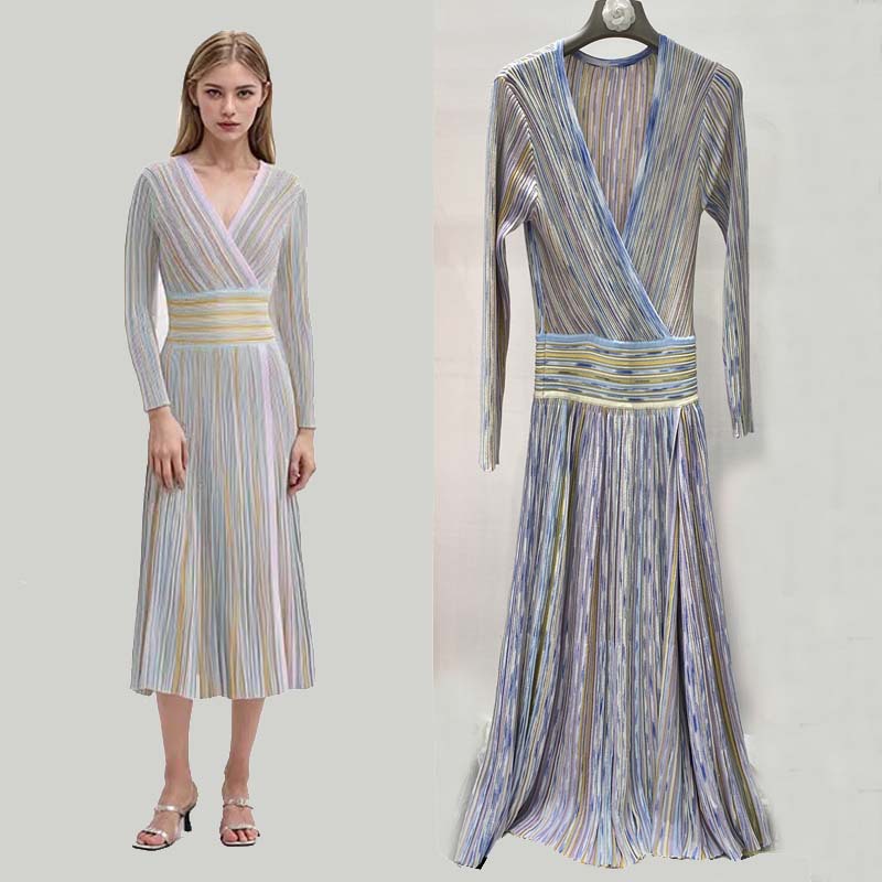 高品质女装批发 欧美时尚新款秋金银线彩条纹褶皱修身针织连衣裙