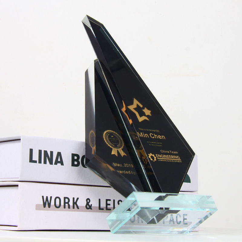 Concurso de trofeos de cristal negro creativo, campeón, subcampeón, tercer lugar, medalla de cristal de vidrio de metal de vidrio de alta gama al por mayor