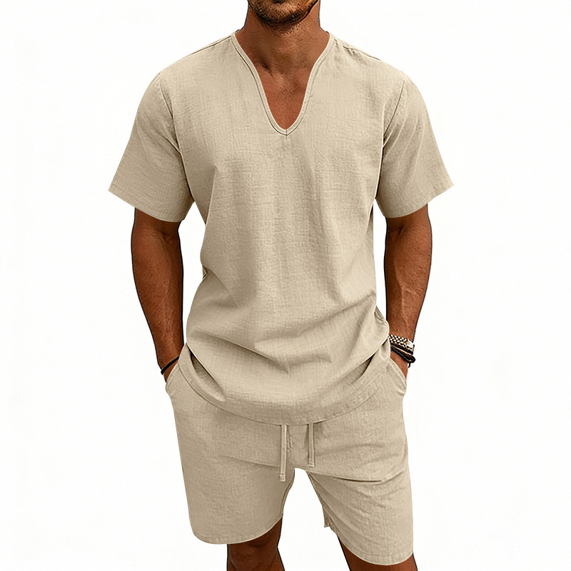 Leinenhemd und Shorts für Herren, atmungsaktives, lässig geschnittenes Urlaubsoutfit mit V-Ausschnitt für den Sommer_voghion.com