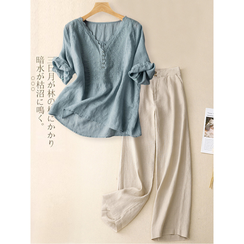 リネンスーツ女性のための 2025 夏の新しい半袖 Tシャツワイドレッグパンツ 2 点セット綿とリネンのシャツカジュアルパンツストレートヘア|undefined