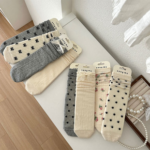 Bowknot Socks Women's Mid-Socks Ins Spring and Summer Japanese Style Gentle Girly Style Hollow-out Love Sweet Pile Socks