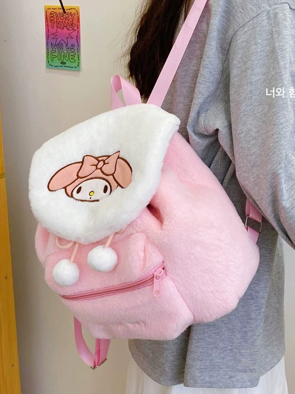 Backpack (Hello Kitty) Plush Drawstring Shoulder Bag, Soft Fluffy and Spacious