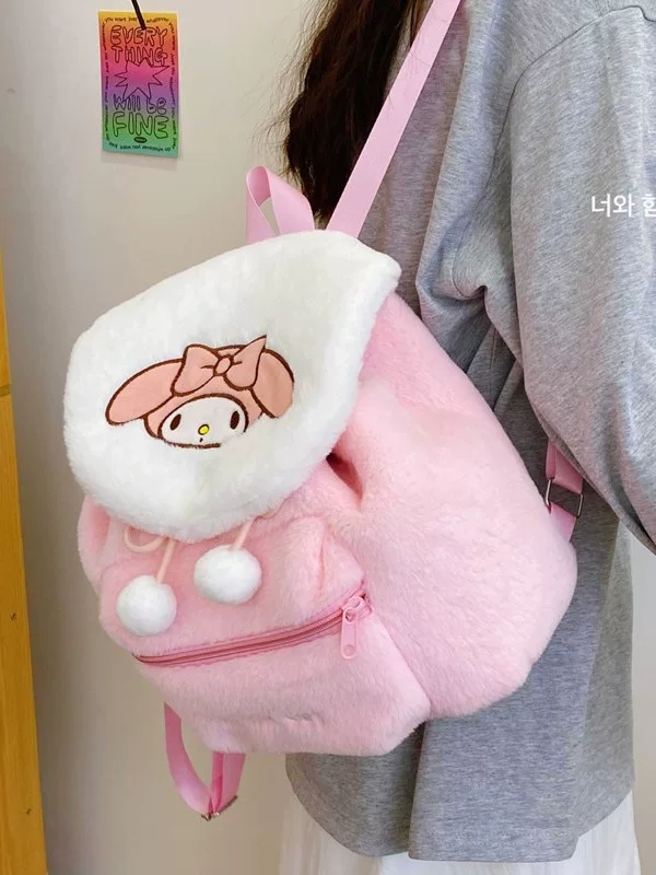 Backpack (Hello Kitty) Plush Drawstring Shoulder Bag, Soft Fluffy and Spacious