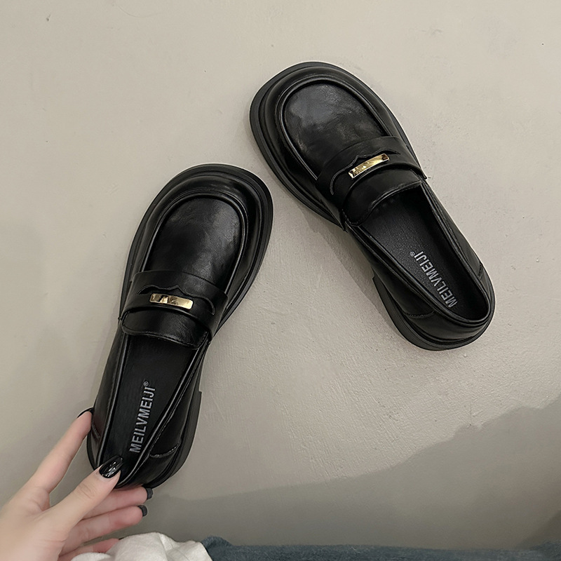 厚底一脚蹬黑色小皮鞋女2025新款秋季英伦风乐福鞋浅口休闲单鞋子|undefined